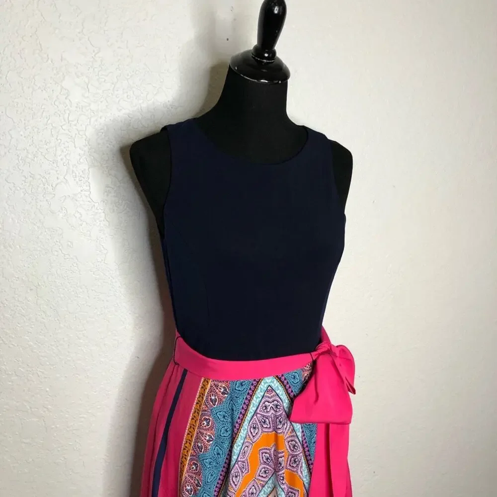 Eliza J navy pink orange scarf print sleeveless maxi dress size 8